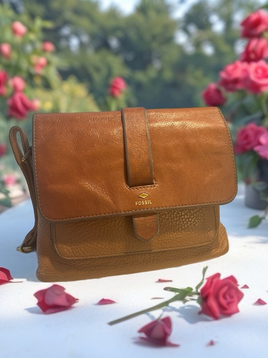 Fossil Handbags - Fossil Leather Crossbody Boho Purse Cognac Color with Adjustable Strap.